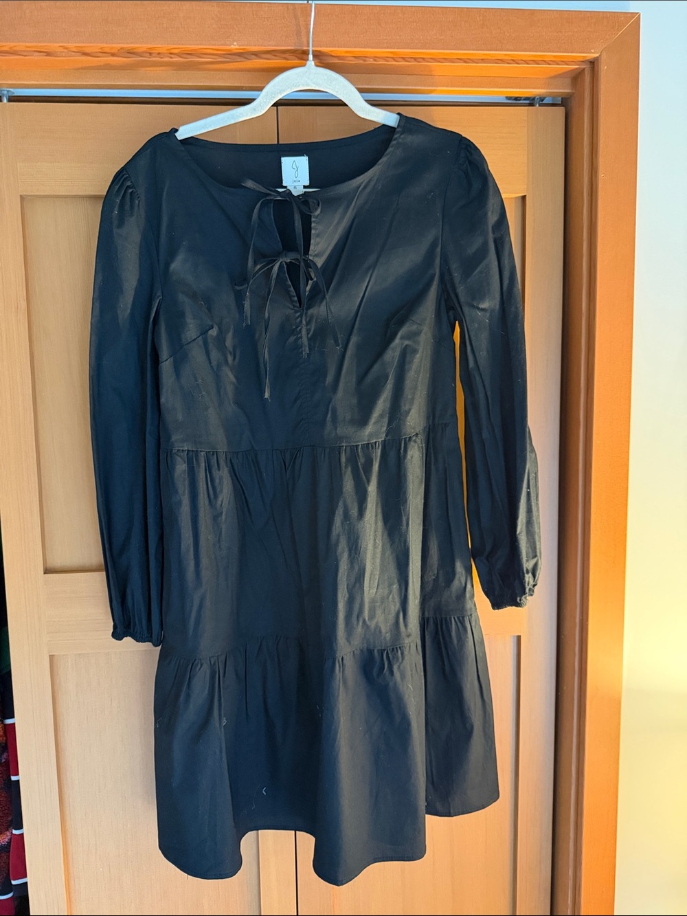Black Long-Sleeve Tiered Mini Dress with Tie Neck